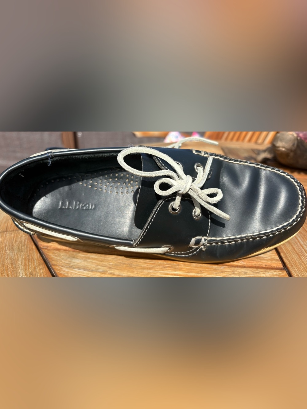 L.L. Bean Menโs Black Leather Boat Shoes with White Laces